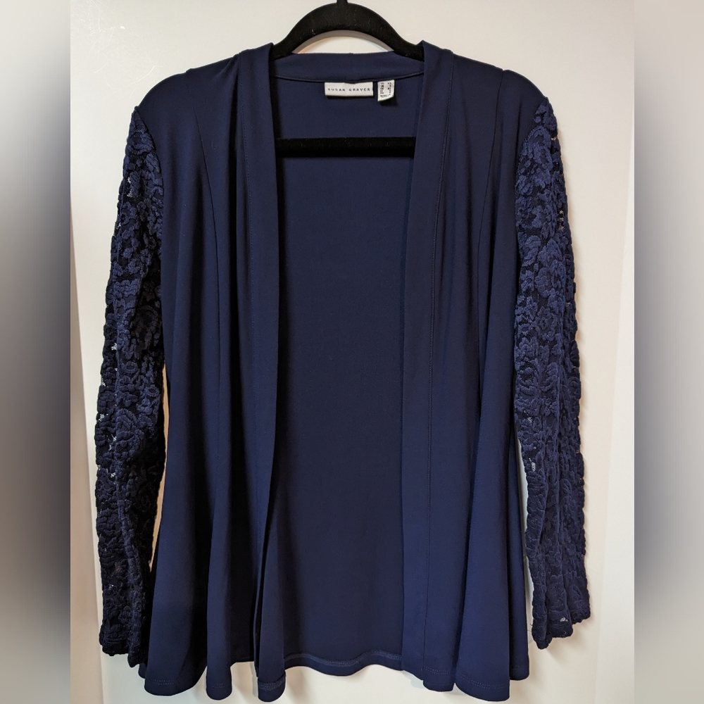 Susan Graver, Dark Blue, Lace Sleeve Cardigan, XS